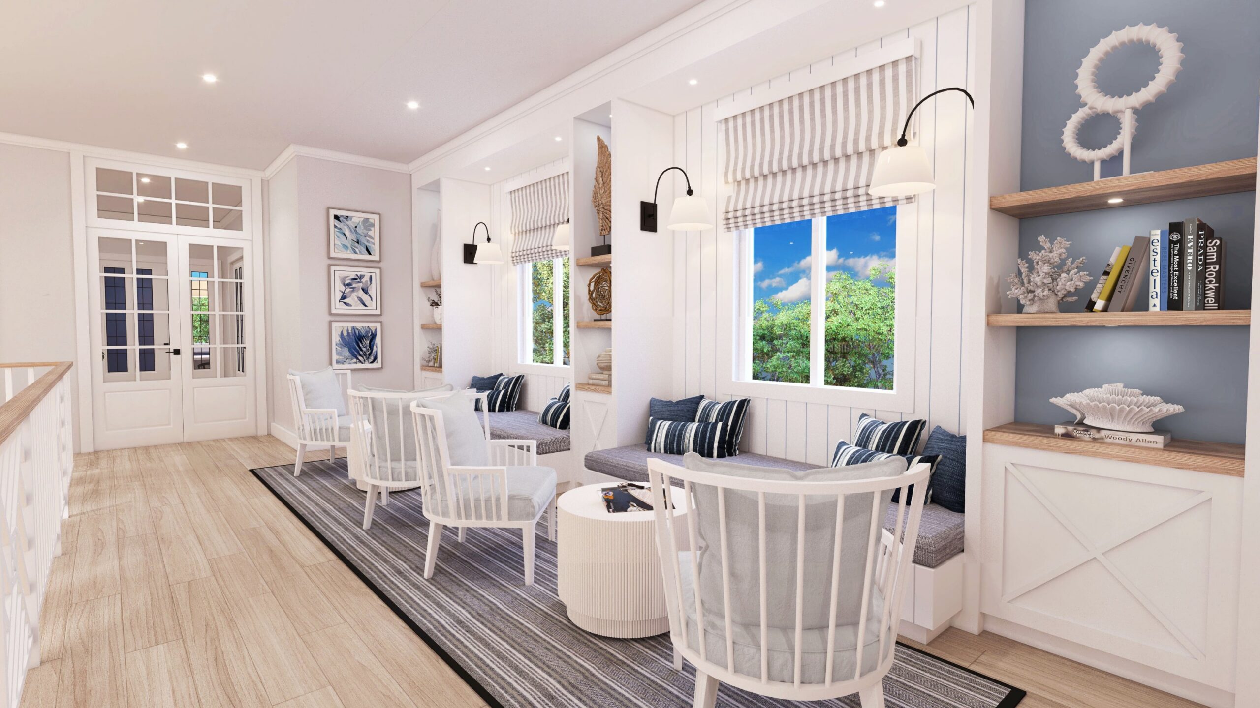 Rendering of window banquette seating in the Watershed Merritt Island clubhouse scaled